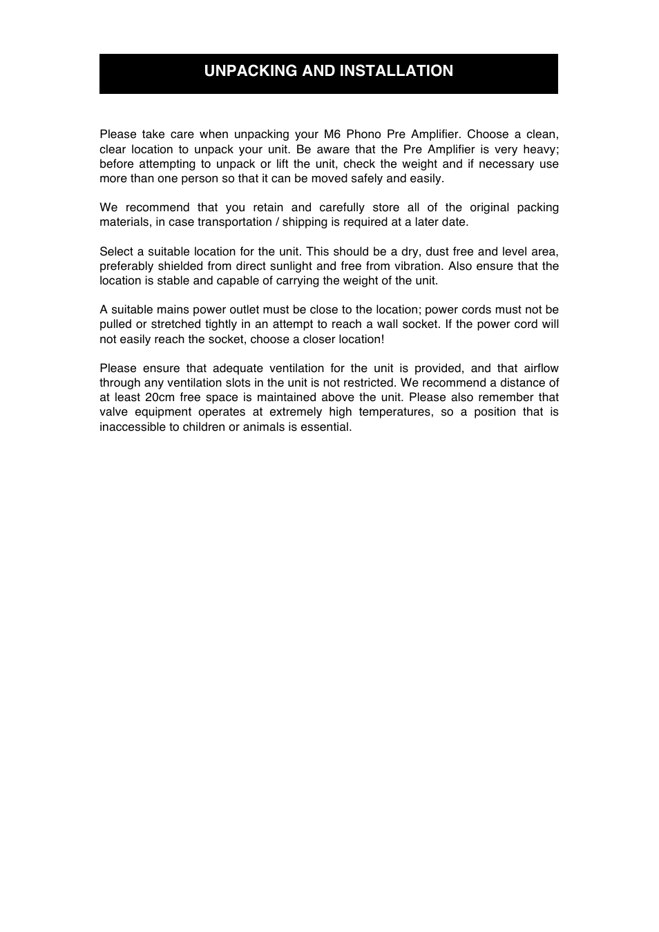 Unpacking and installation | Audio Note M6 Phono User Manual | Page 7 / 15