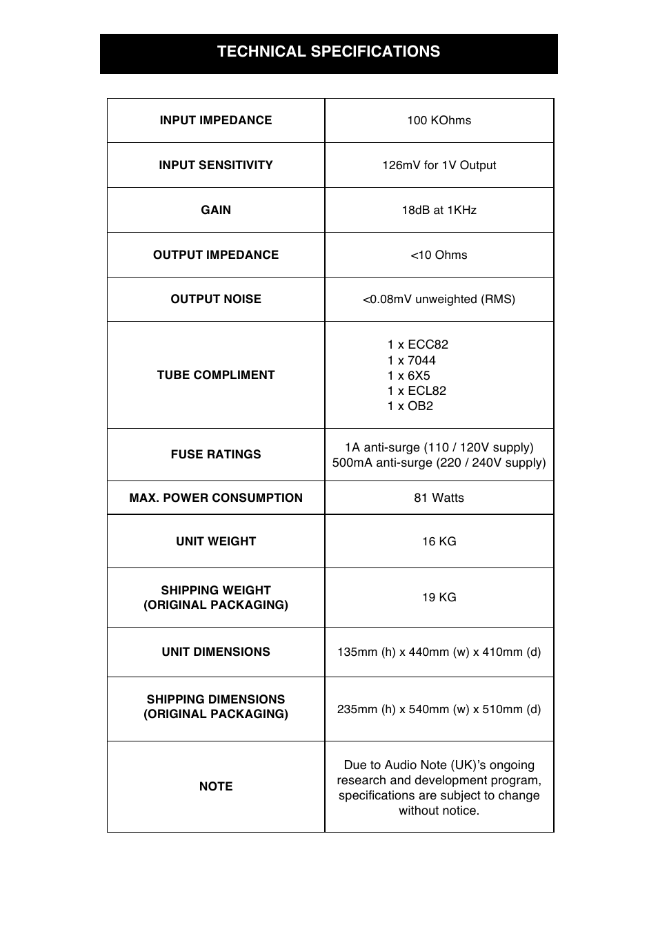 Technical specifications | Audio Note M8 Line User Manual | Page 13 / 15