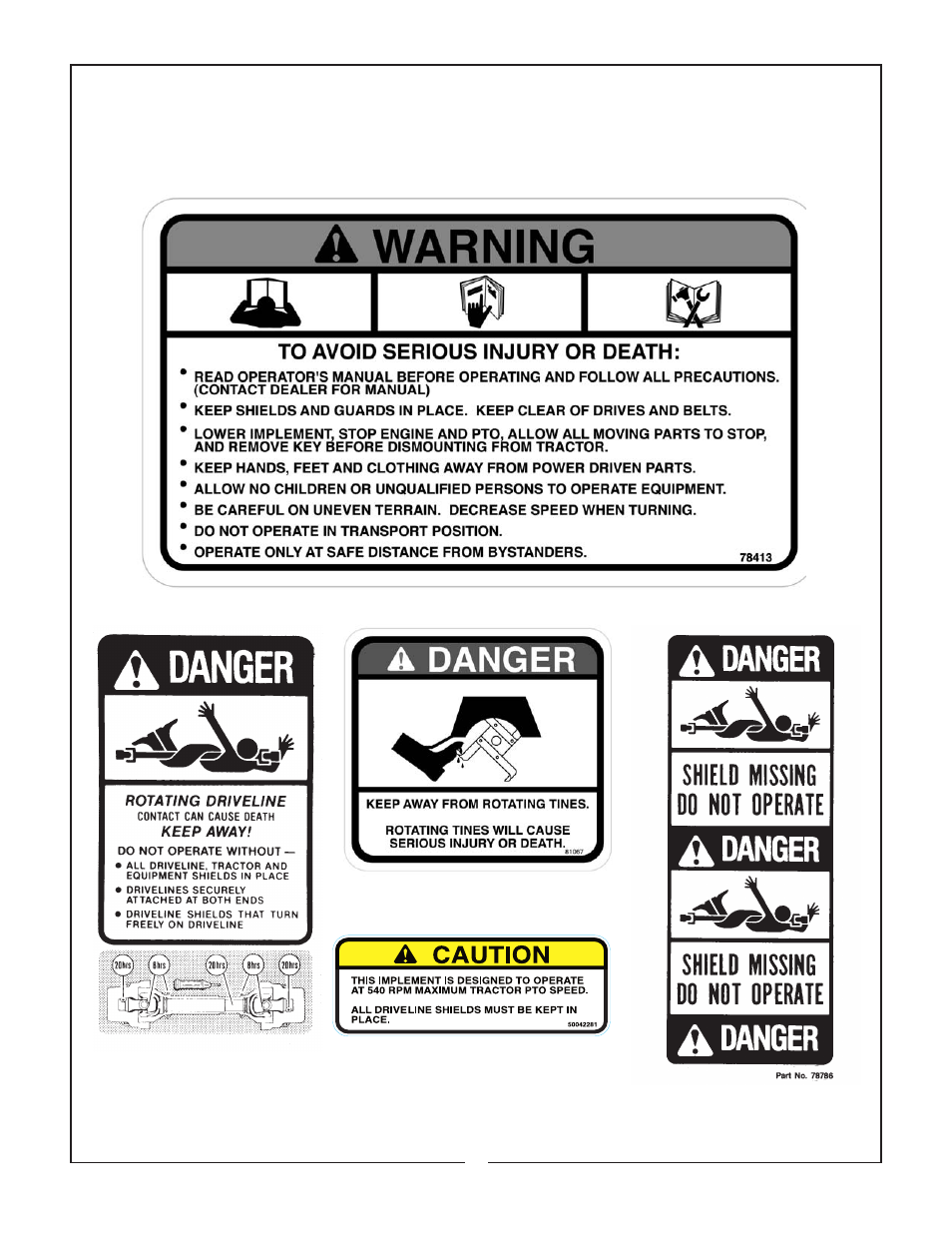 Safety decals | Bush Hog RTS User Manual | Page 16 / 19