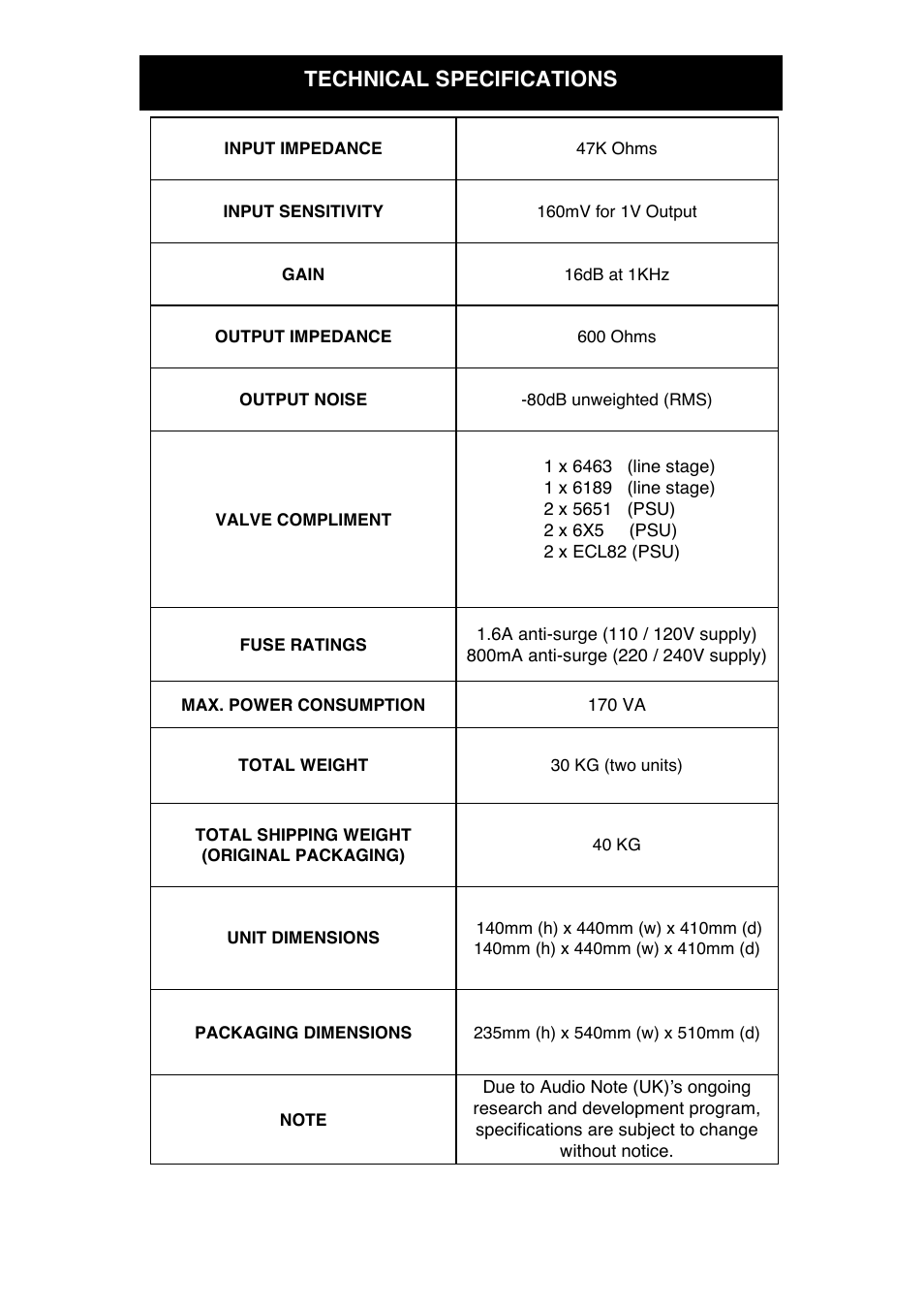 Technical specifications | Audio Note M8 Line Signature User Manual | Page 18 / 20