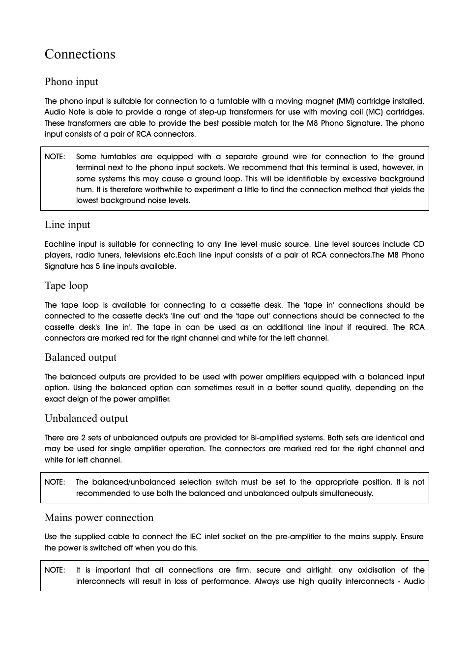 Connections, Phono input, Line input | Tape loop, Balanced output, Unbalanced output, Mains power connection | Audio Note M8 Phonosig User Manual | Page 4 / 9