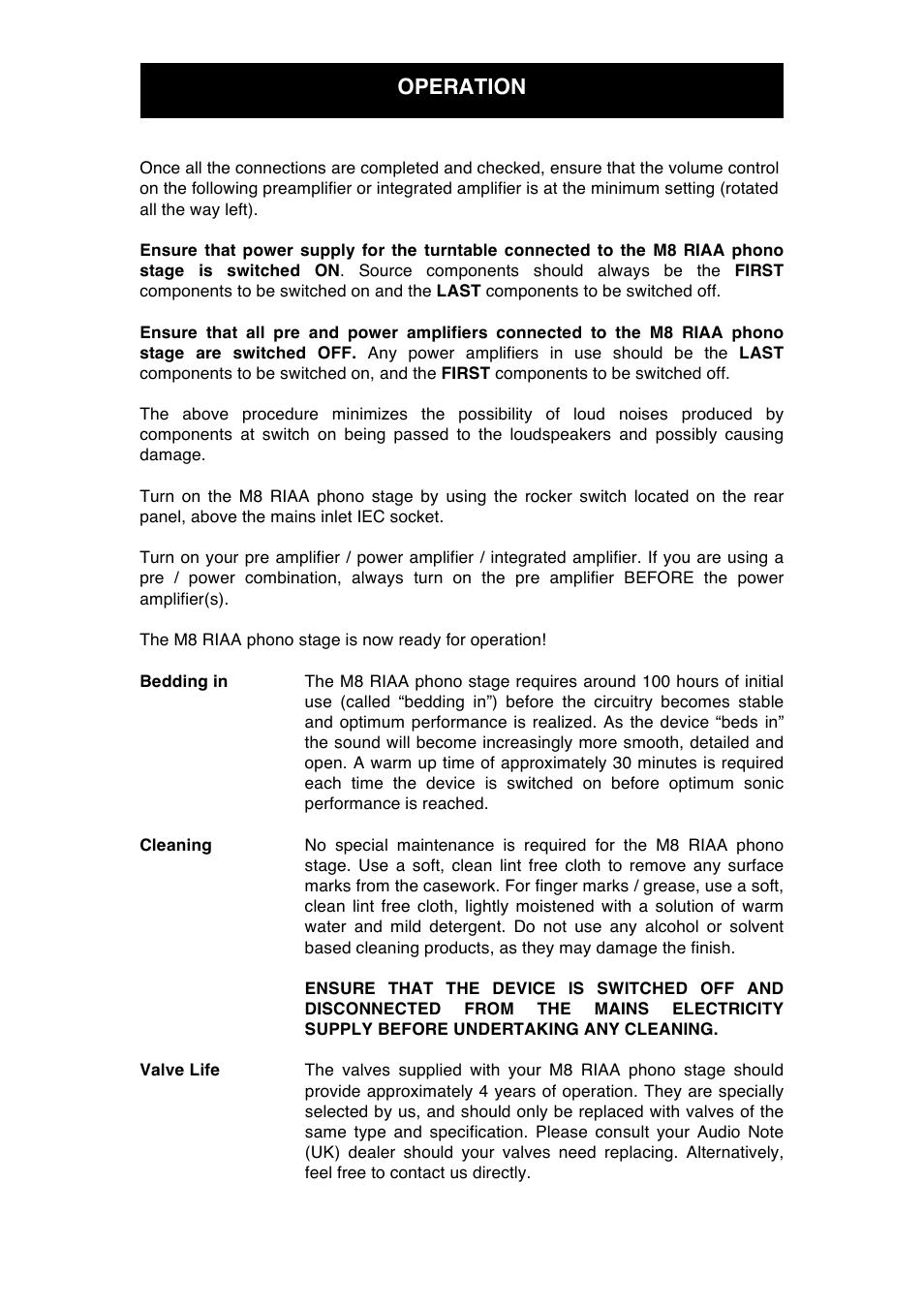 Operation | Audio Note M8 RIAA User Manual | Page 11 / 14