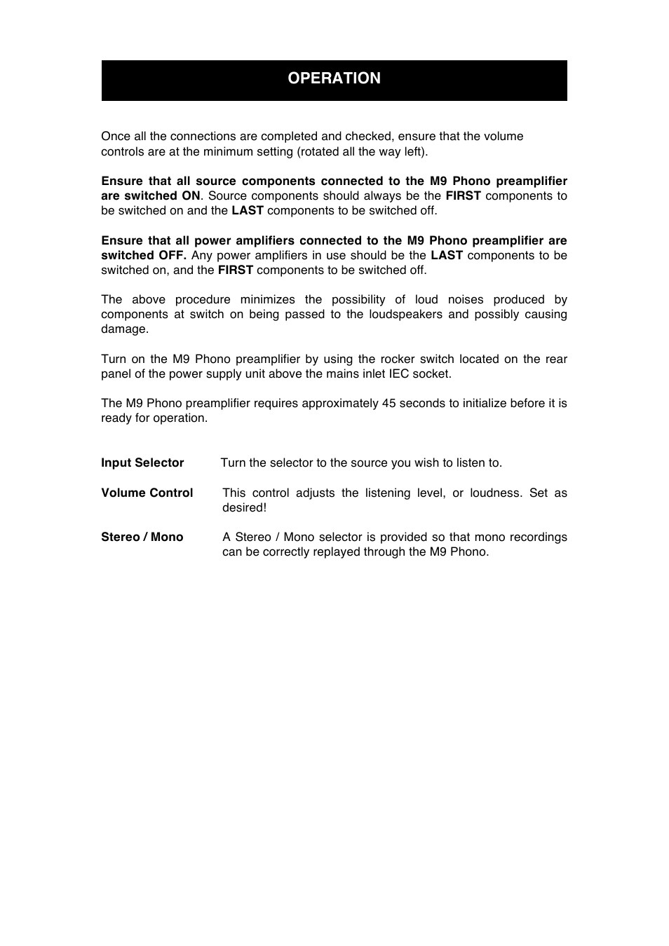Operation | Audio Note M9 Phono User Manual | Page 16 / 20