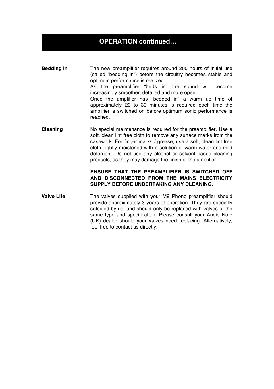 Operation continued | Audio Note M9 Phono User Manual | Page 17 / 20