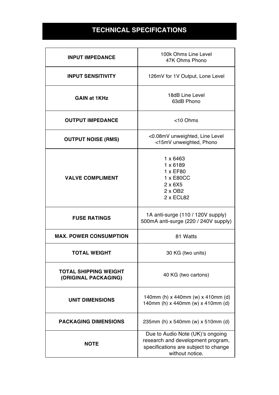 Technical specifications | Audio Note M9 Phono User Manual | Page 18 / 20