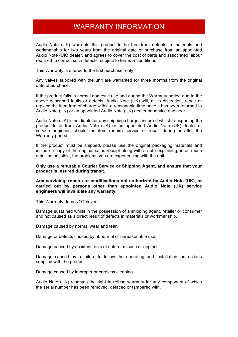 Warranty information | Audio Note M9 Phono User Manual | Page 19 / 20