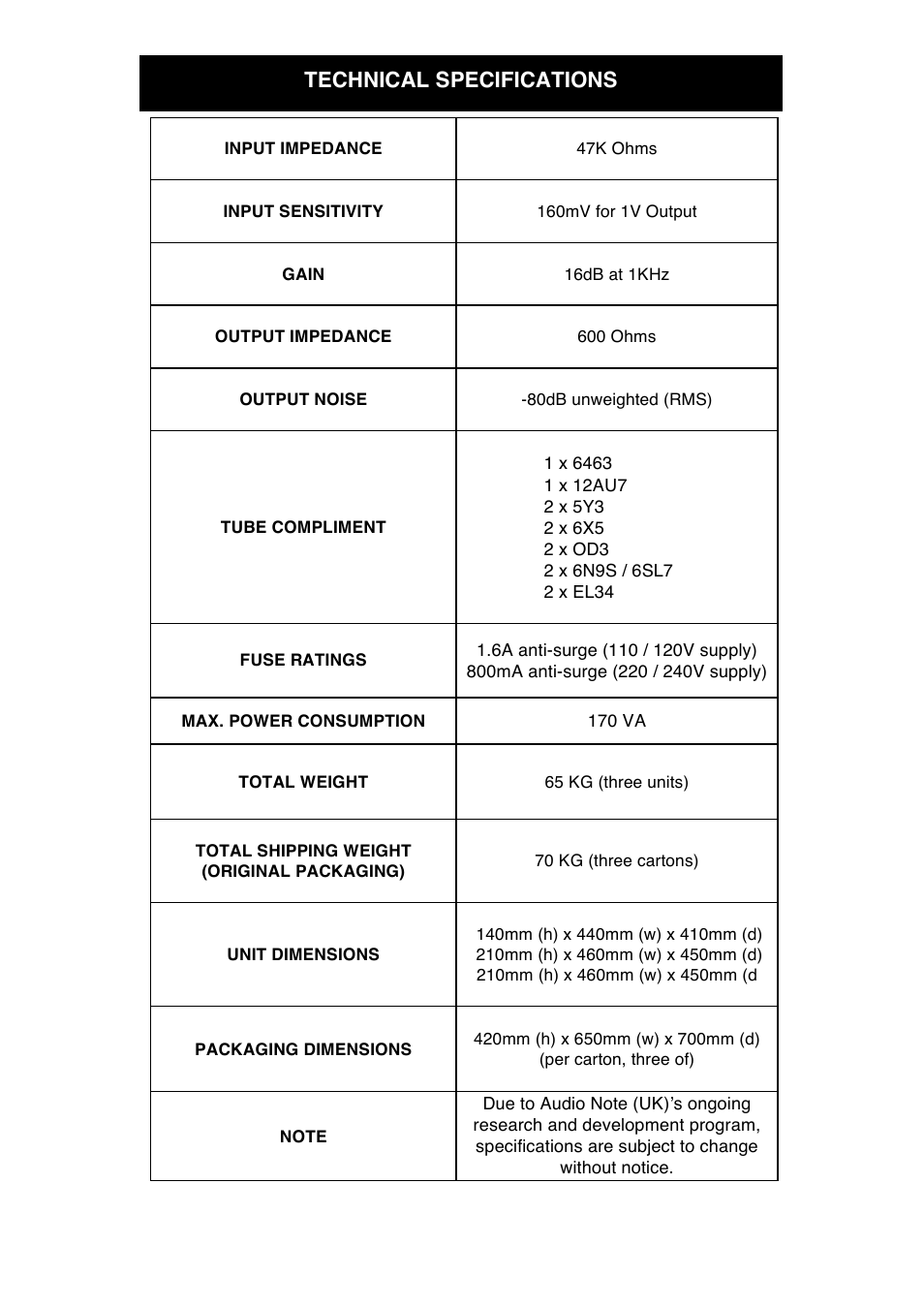 Technical specifications | Audio Note M10 Line User Manual | Page 18 / 20