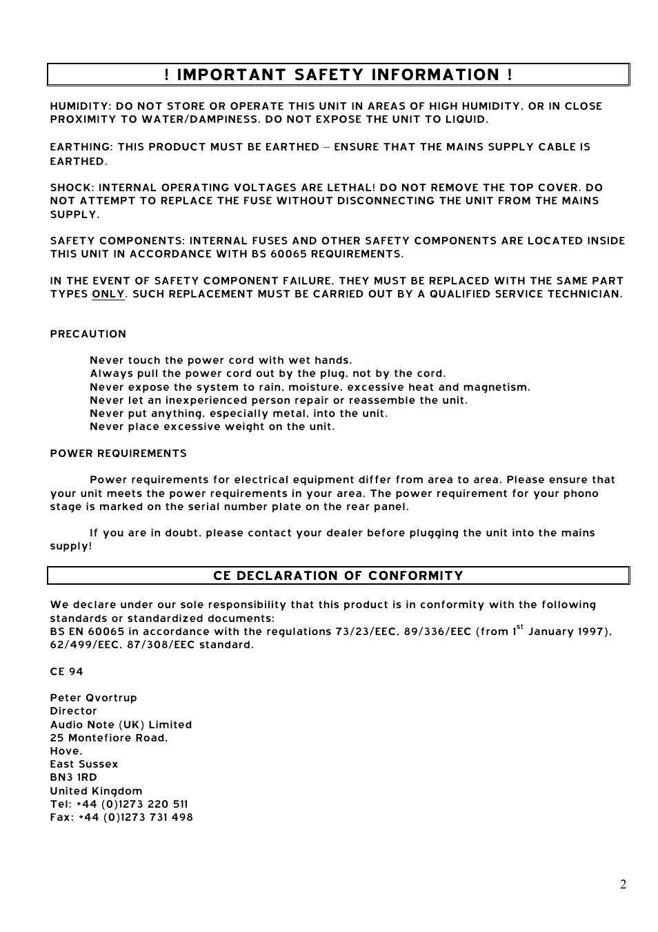 Important safety information | Audio Note I-Zero User Manual | Page 2 / 6
