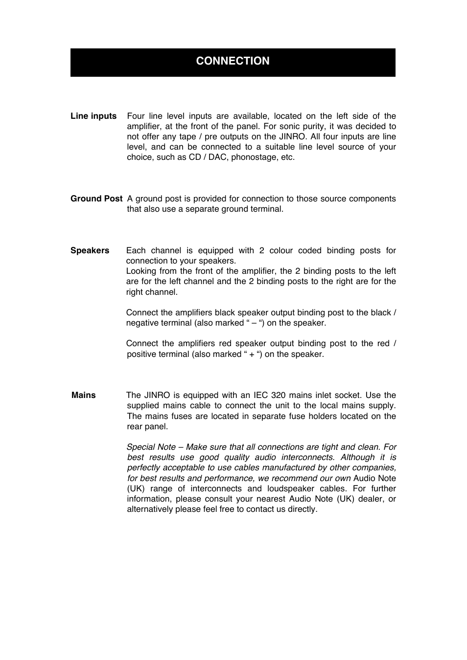 Connection | Audio Note Jinro User Manual | Page 10 / 14