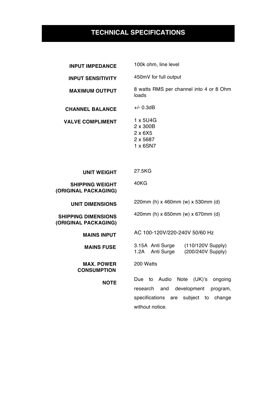 Technical specifications | Audio Note Meishu Line User Manual | Page 11 / 13