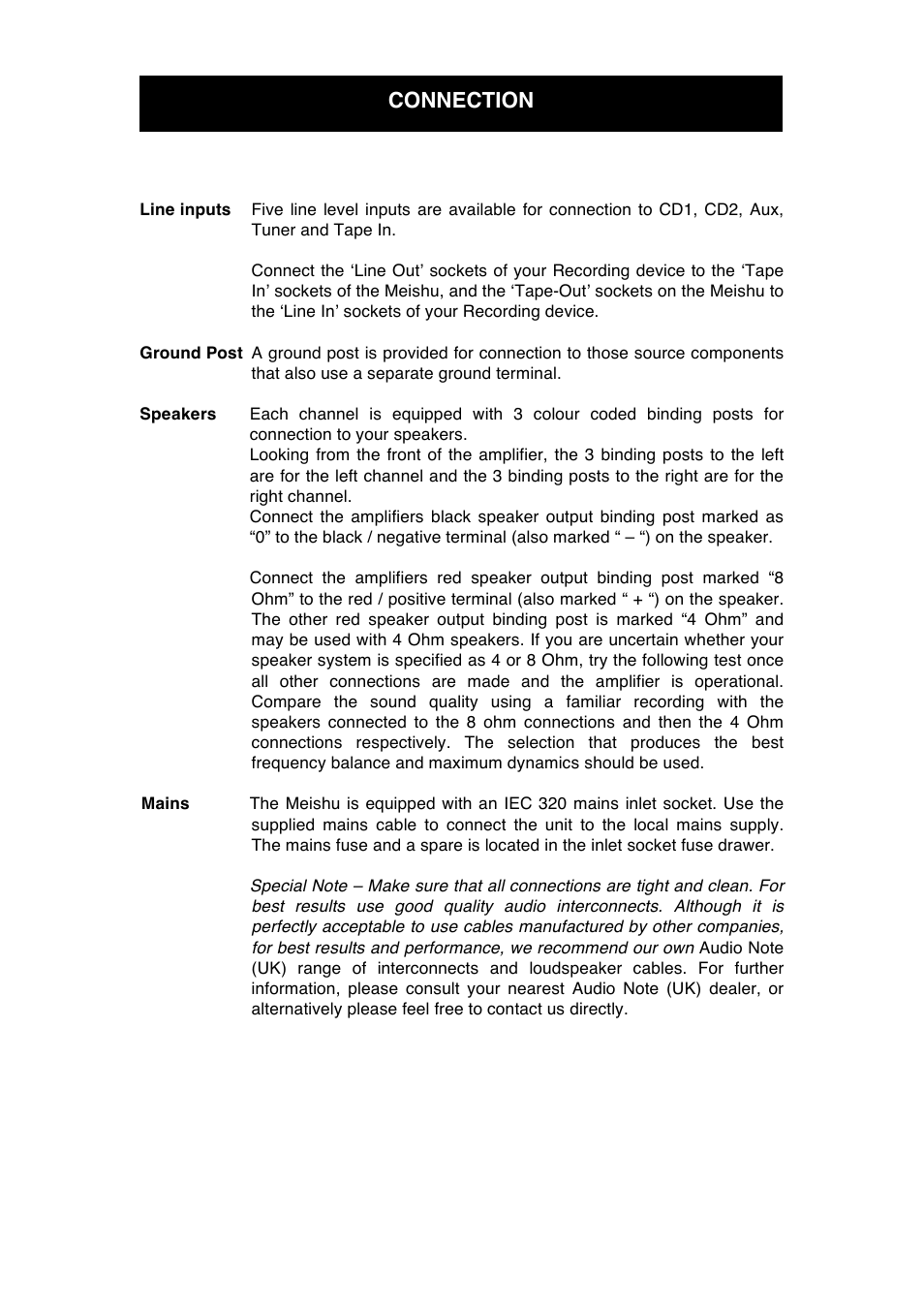 Connection | Audio Note Meishu Line User Manual | Page 9 / 13