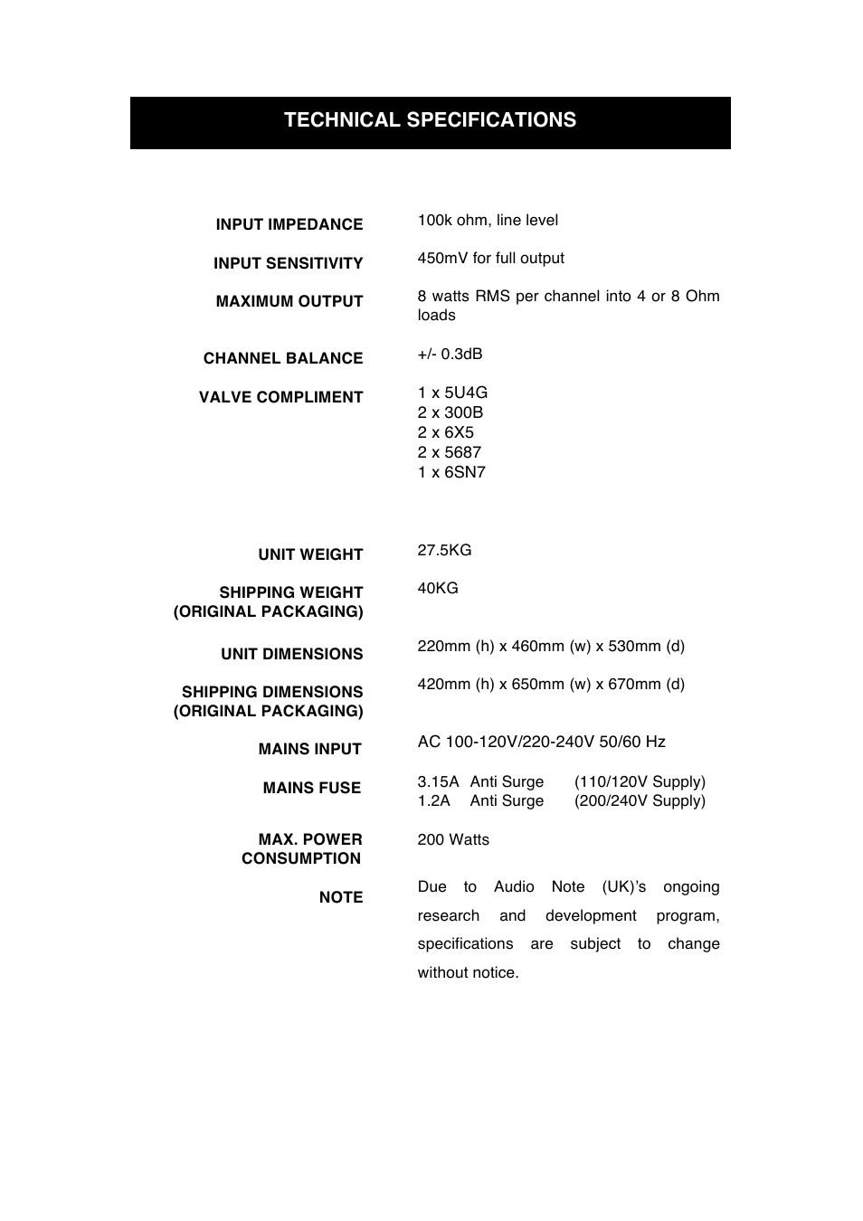 Technical specifications | Audio Note Meishu Line Silver User Manual | Page 11 / 13