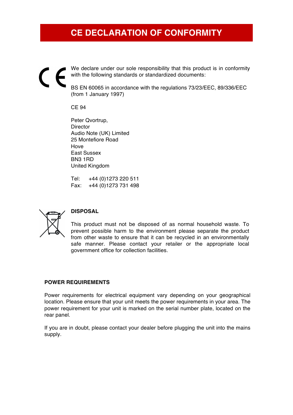 Ce declaration of conformity | Audio Note Meishu Line Silver User Manual | Page 4 / 13