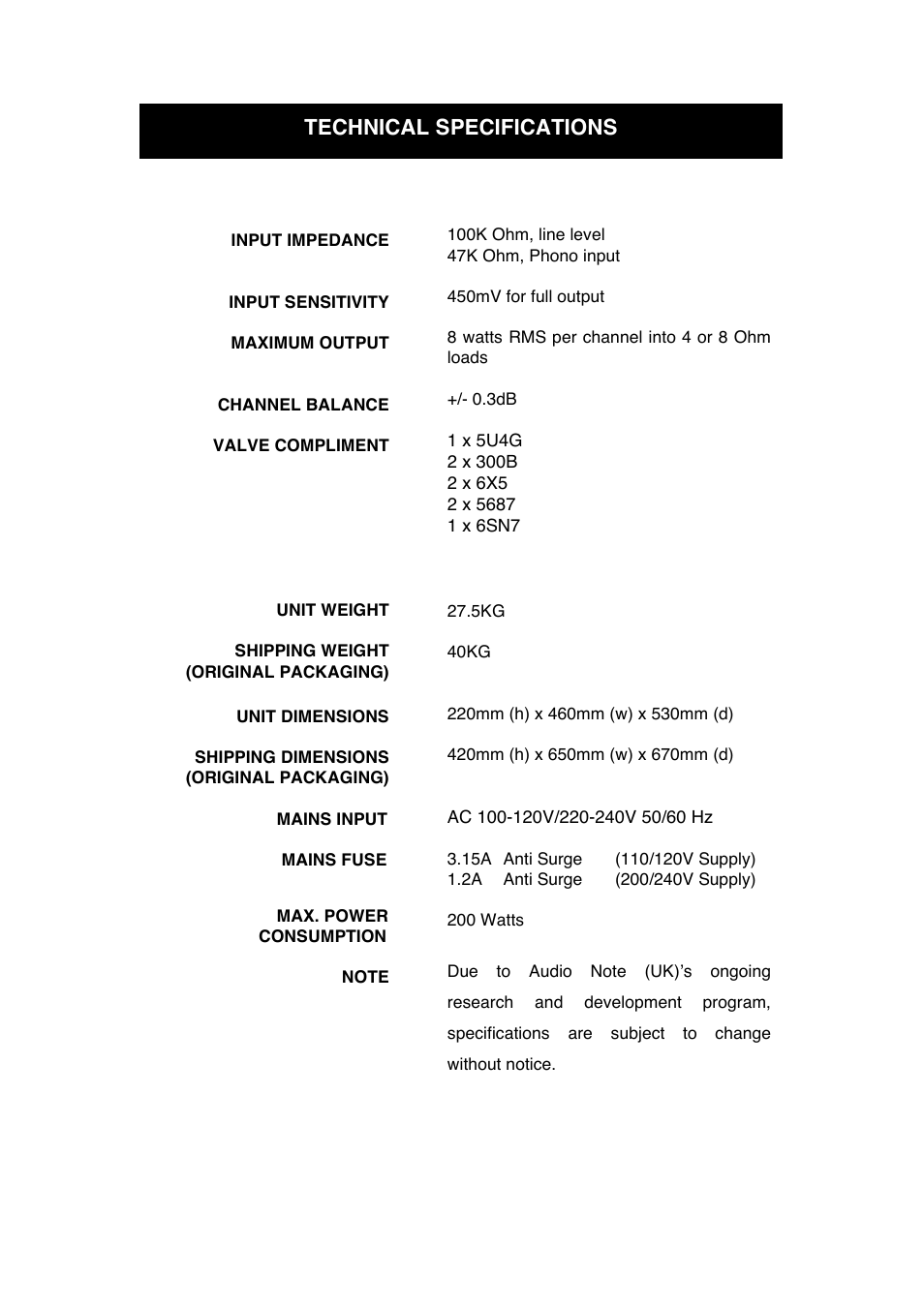 Technical specifications | Audio Note Meishu Line Silver Signature User Manual | Page 11 / 13