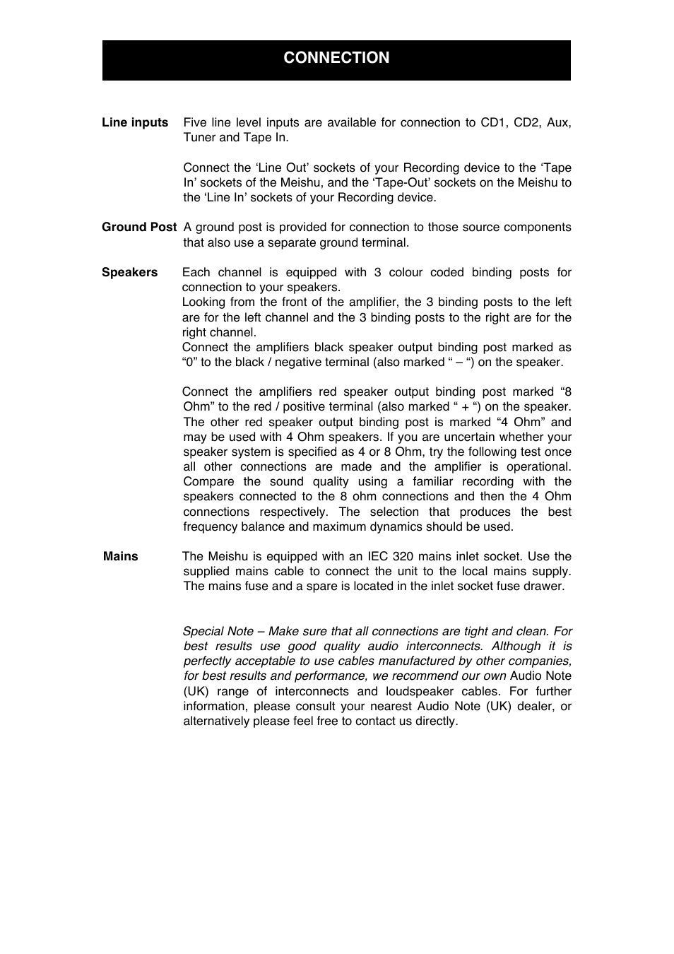 Connection | Audio Note Meishu Line Silver Signature User Manual | Page 9 / 13