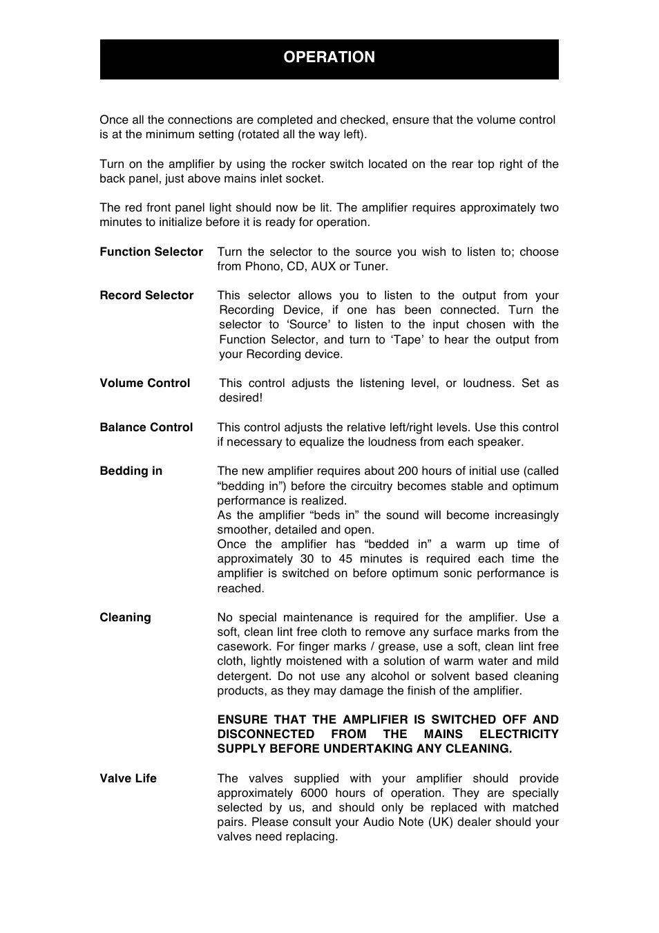 Operation | Audio Note Meishu Phono User Manual | Page 10 / 13