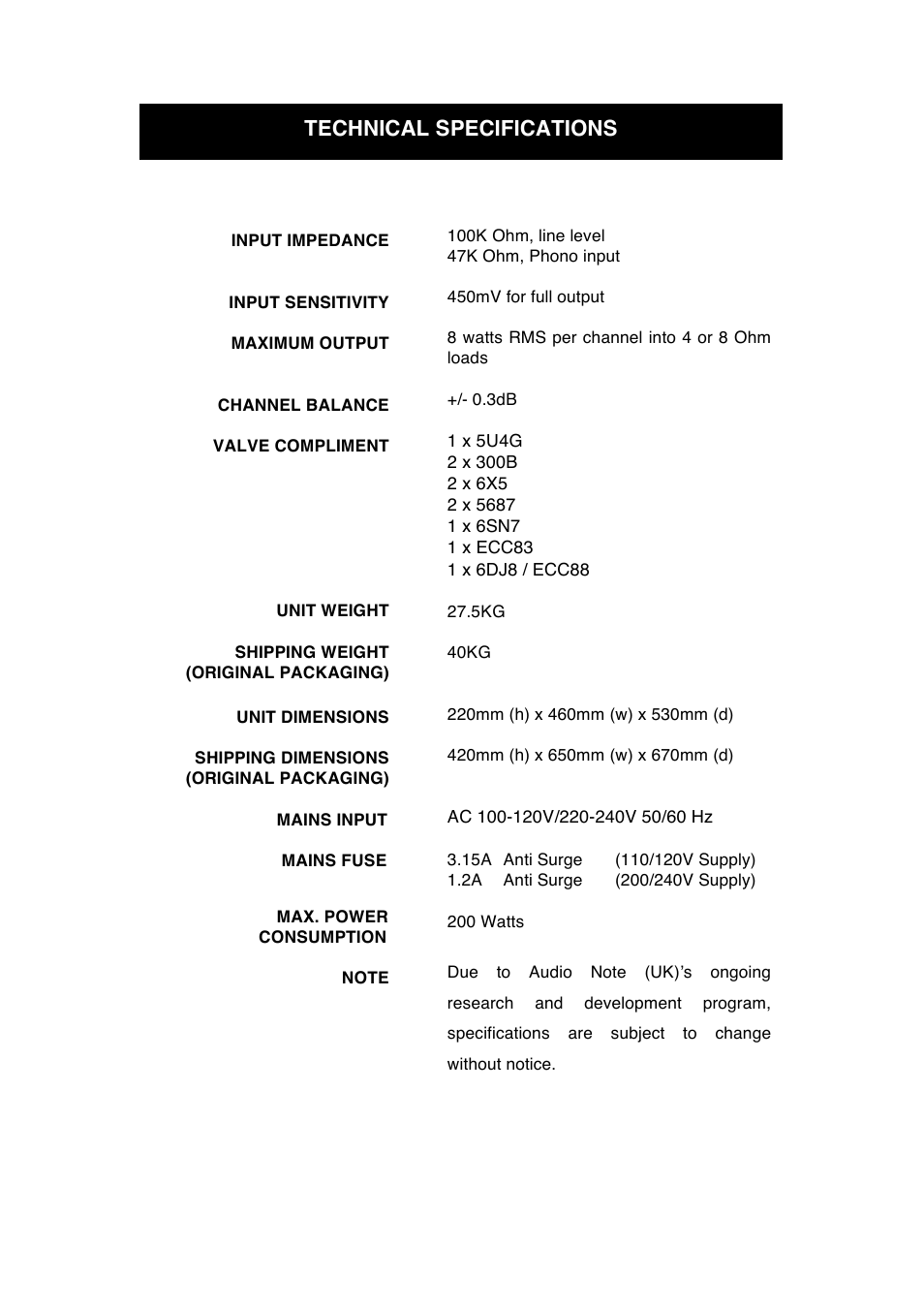 Technical specifications | Audio Note Meishu Phono User Manual | Page 11 / 13