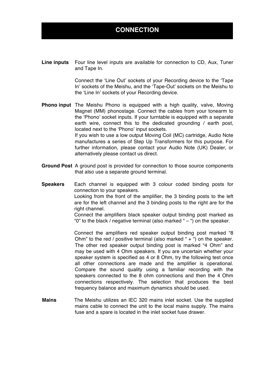 Connection | Audio Note Meishu Phono User Manual | Page 9 / 13