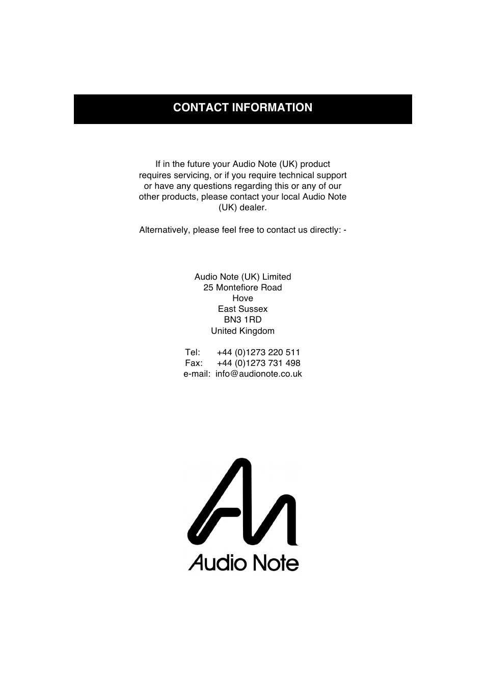 Contact information | Audio Note Meishu Phono Silver User Manual | Page 13 / 13