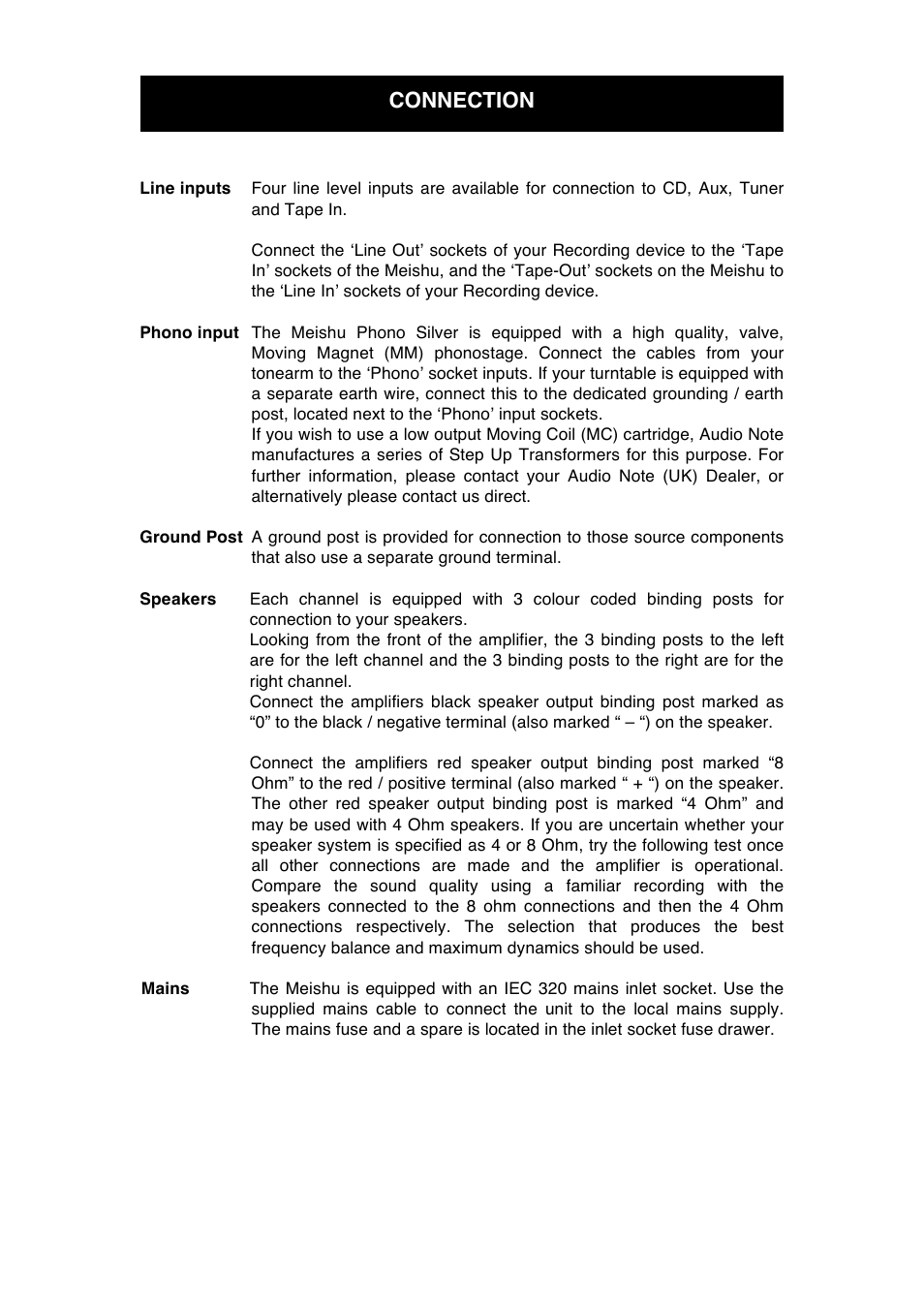 Connection | Audio Note Meishu Phono Silver User Manual | Page 9 / 13