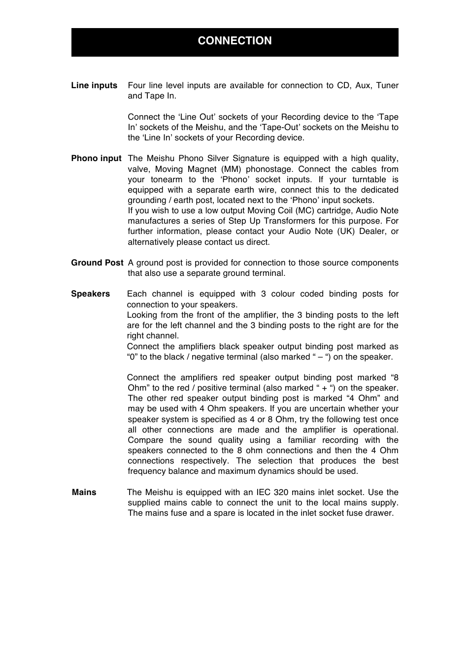 Connection | Audio Note Meishu Phono Silver Signature User Manual | Page 9 / 13