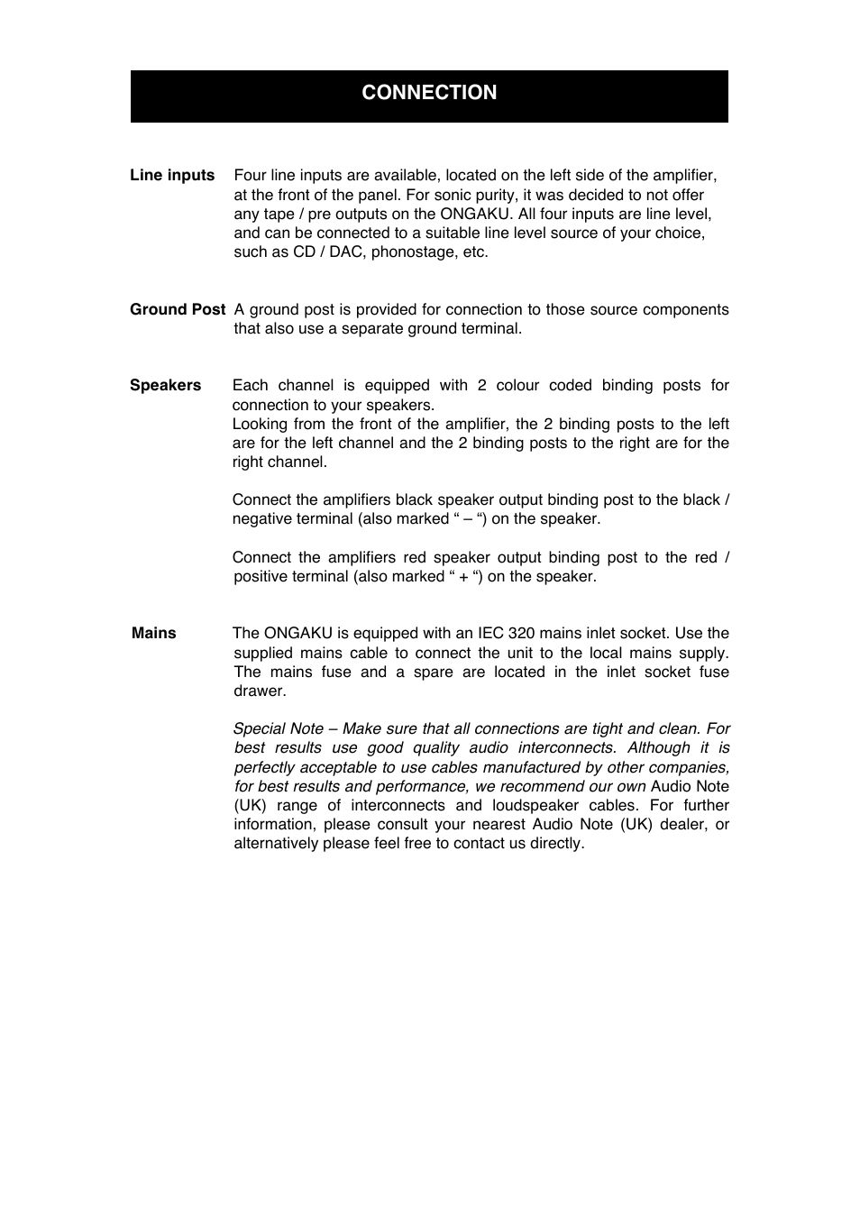 Connection | Audio Note Ongaku User Manual | Page 11 / 15