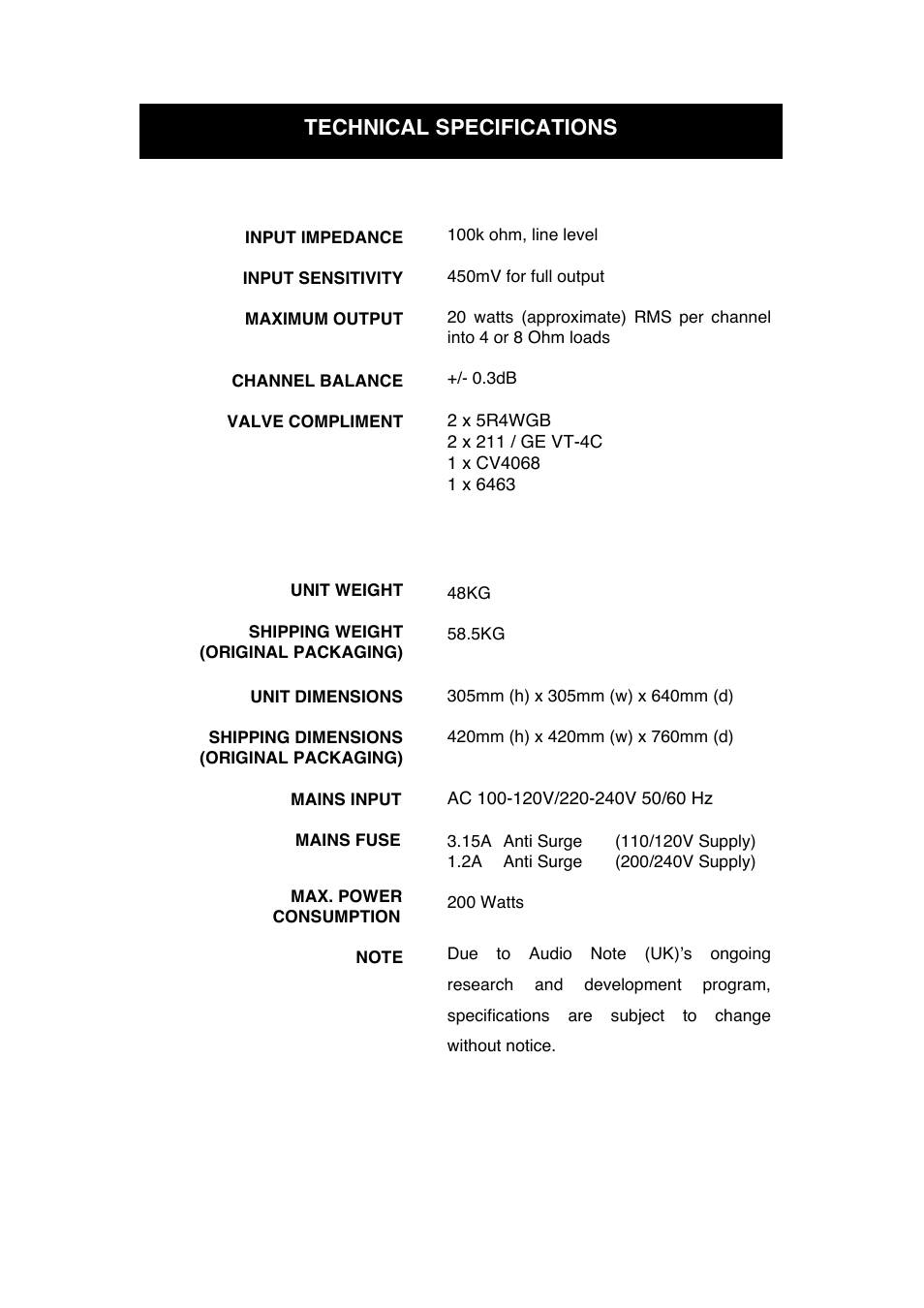 Technical specifications | Audio Note Ongaku User Manual | Page 13 / 15