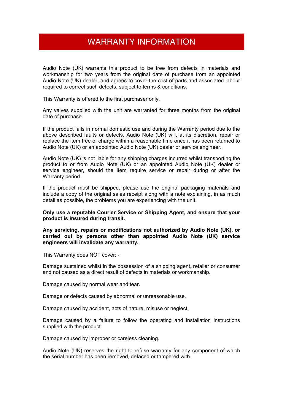 Warranty information | Audio Note Ongaku User Manual | Page 14 / 15