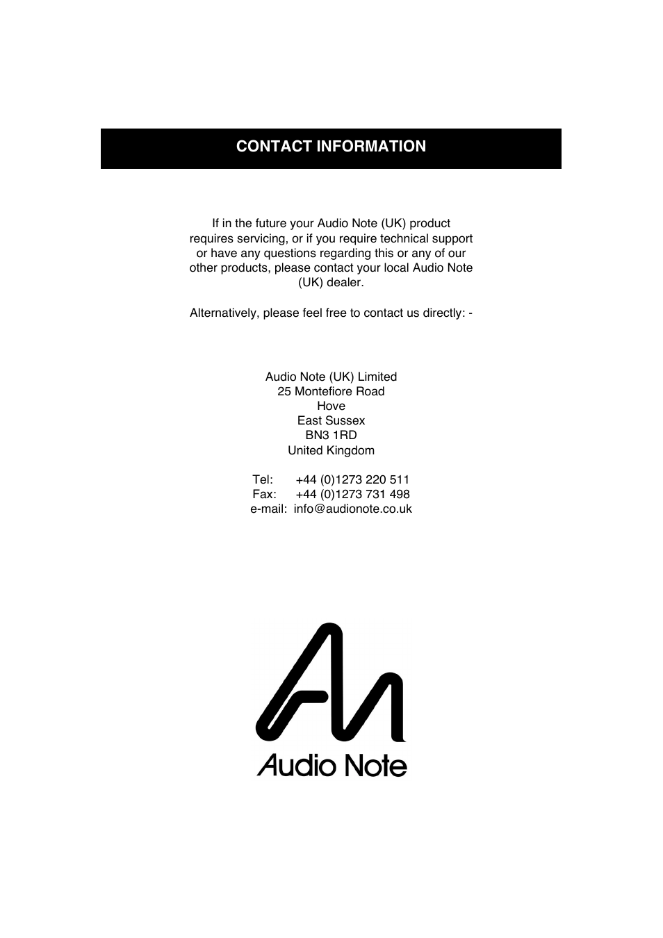Contact information | Audio Note Ongaku User Manual | Page 15 / 15