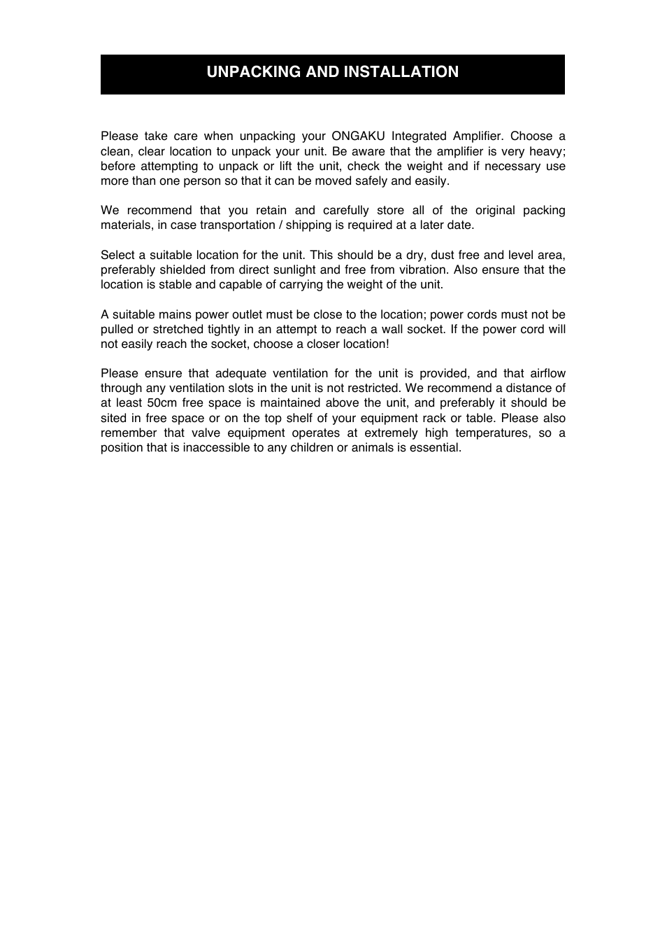 Unpacking and installation | Audio Note Ongaku User Manual | Page 7 / 15