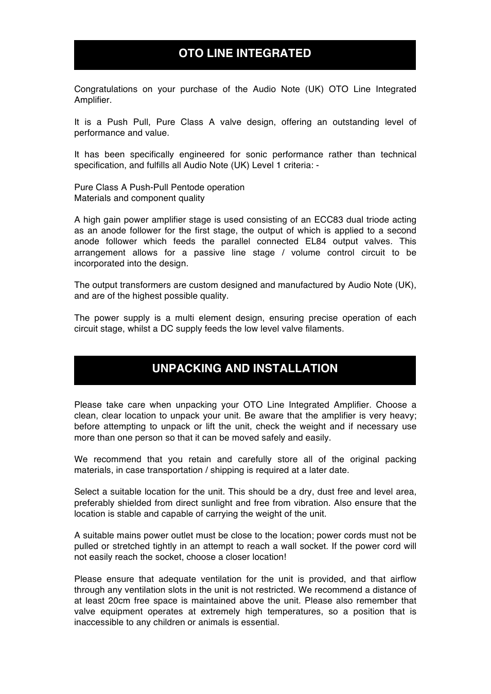 Oto line integrated unpacking and installation | Audio Note Oto Line User Manual | Page 6 / 11