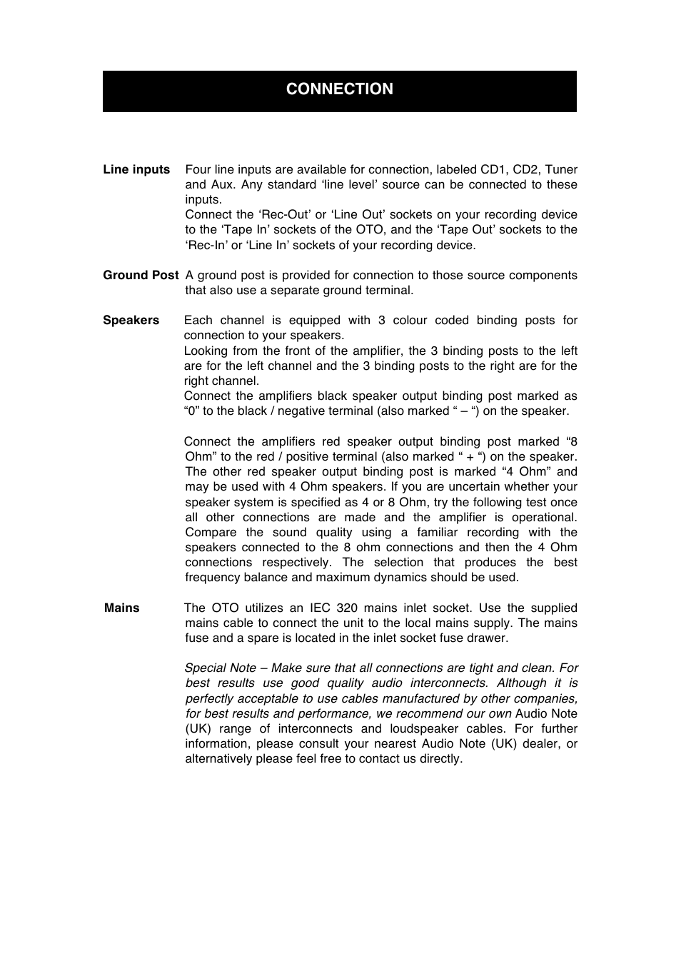 Connection | Audio Note Oto Line User Manual | Page 7 / 11