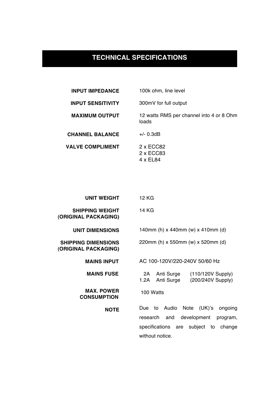 Technical specifications | Audio Note Oto Line User Manual | Page 9 / 11