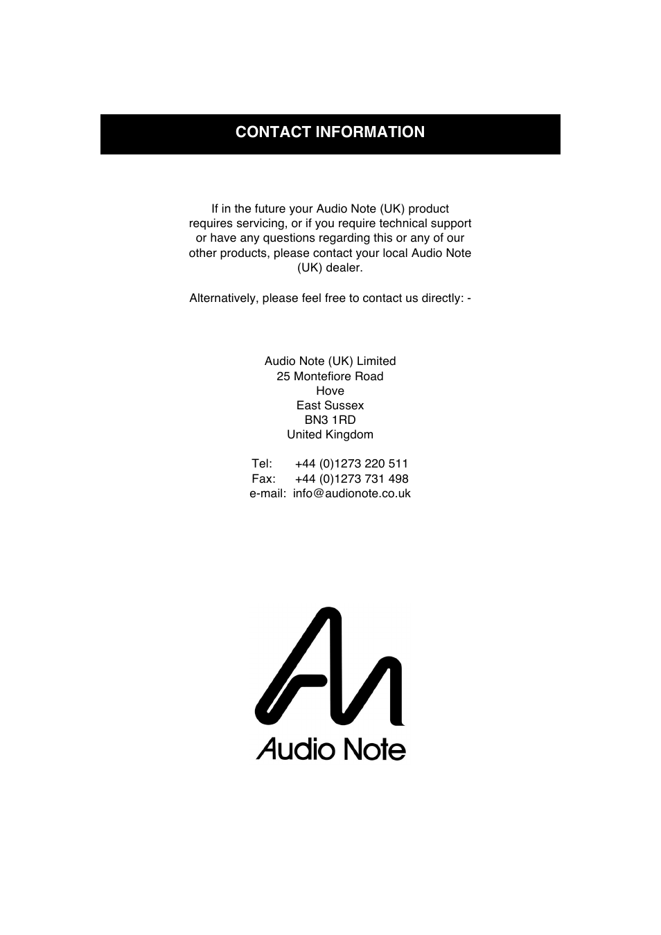 Contact information | Audio Note Oto Phono User Manual | Page 11 / 11
