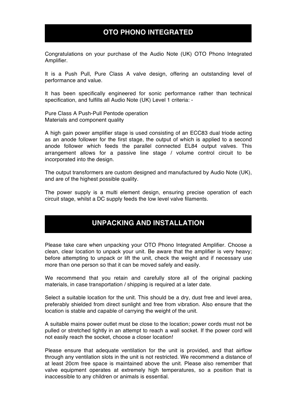 Oto phono integrated unpacking and installation | Audio Note Oto Phono User Manual | Page 6 / 11