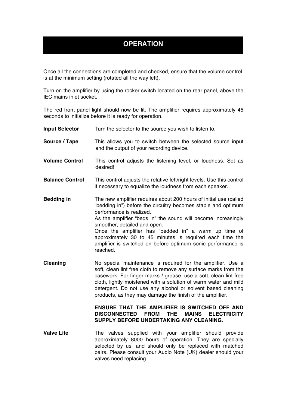 Operation | Audio Note Oto Phono User Manual | Page 8 / 11