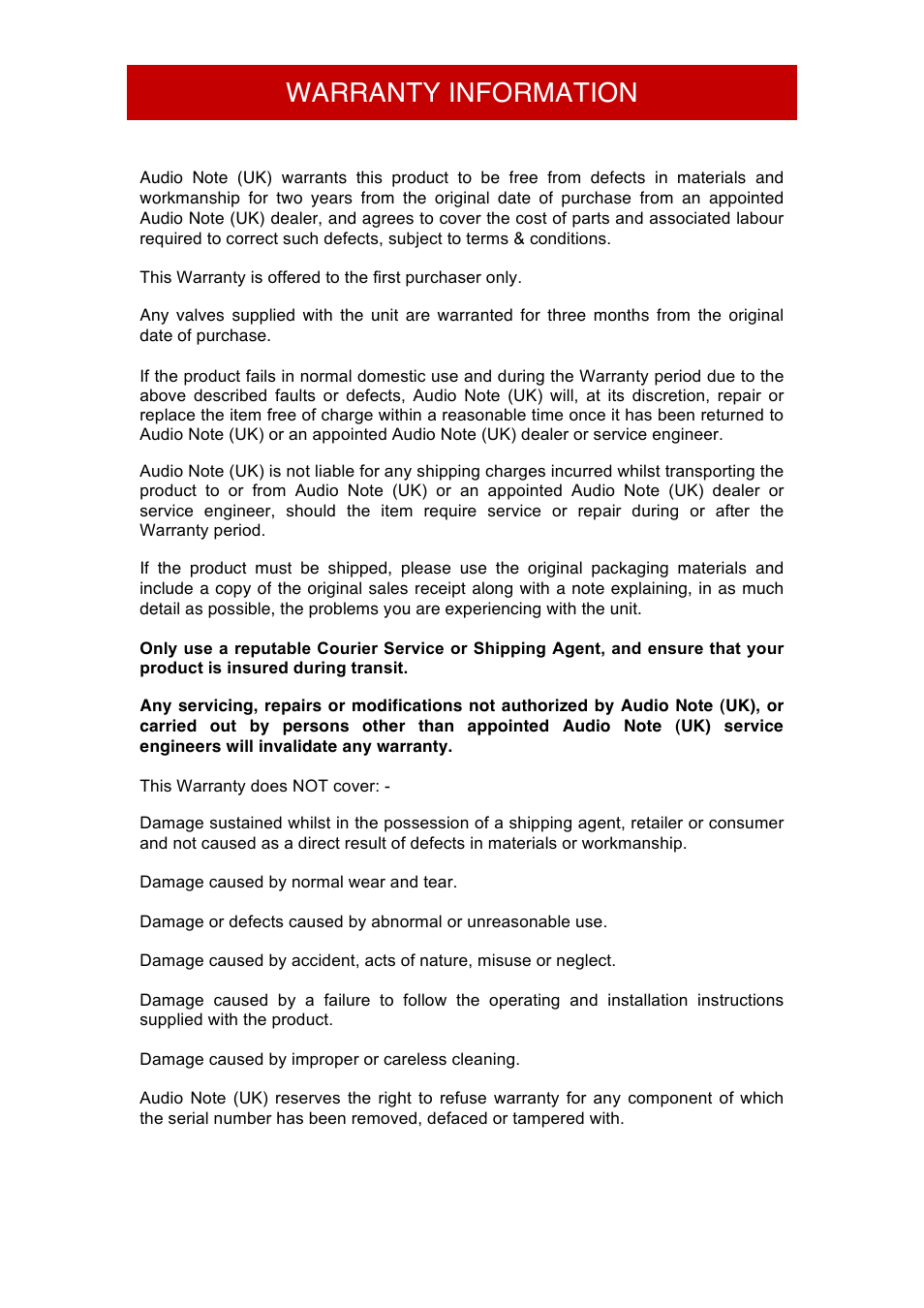 Warranty information | Audio Note Oto Phono PP User Manual | Page 10 / 11