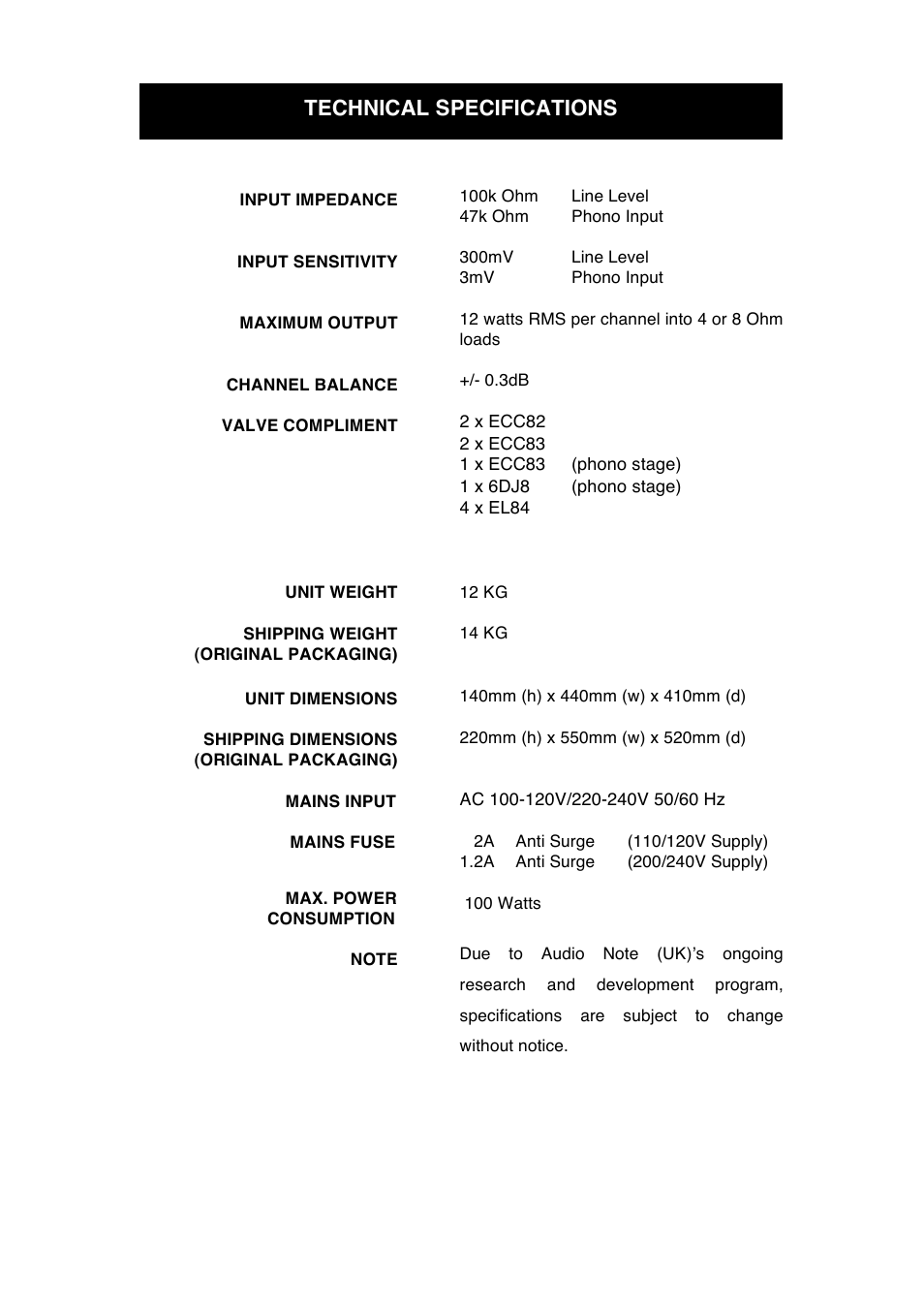 Technical specifications | Audio Note Oto Phono PP User Manual | Page 9 / 11