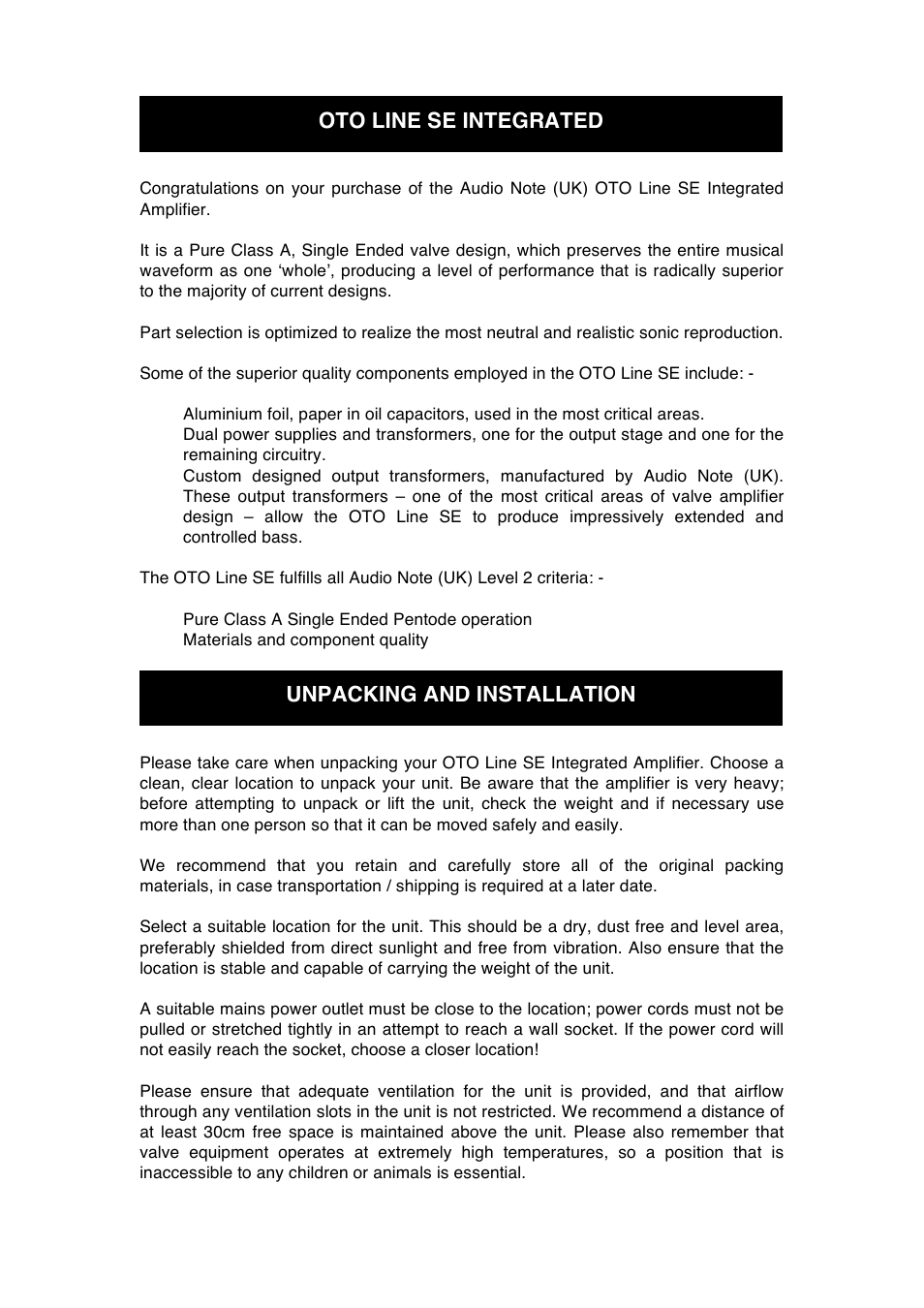 Oto line se integrated unpacking and installation | Audio Note Oto Line SE User Manual | Page 6 / 11