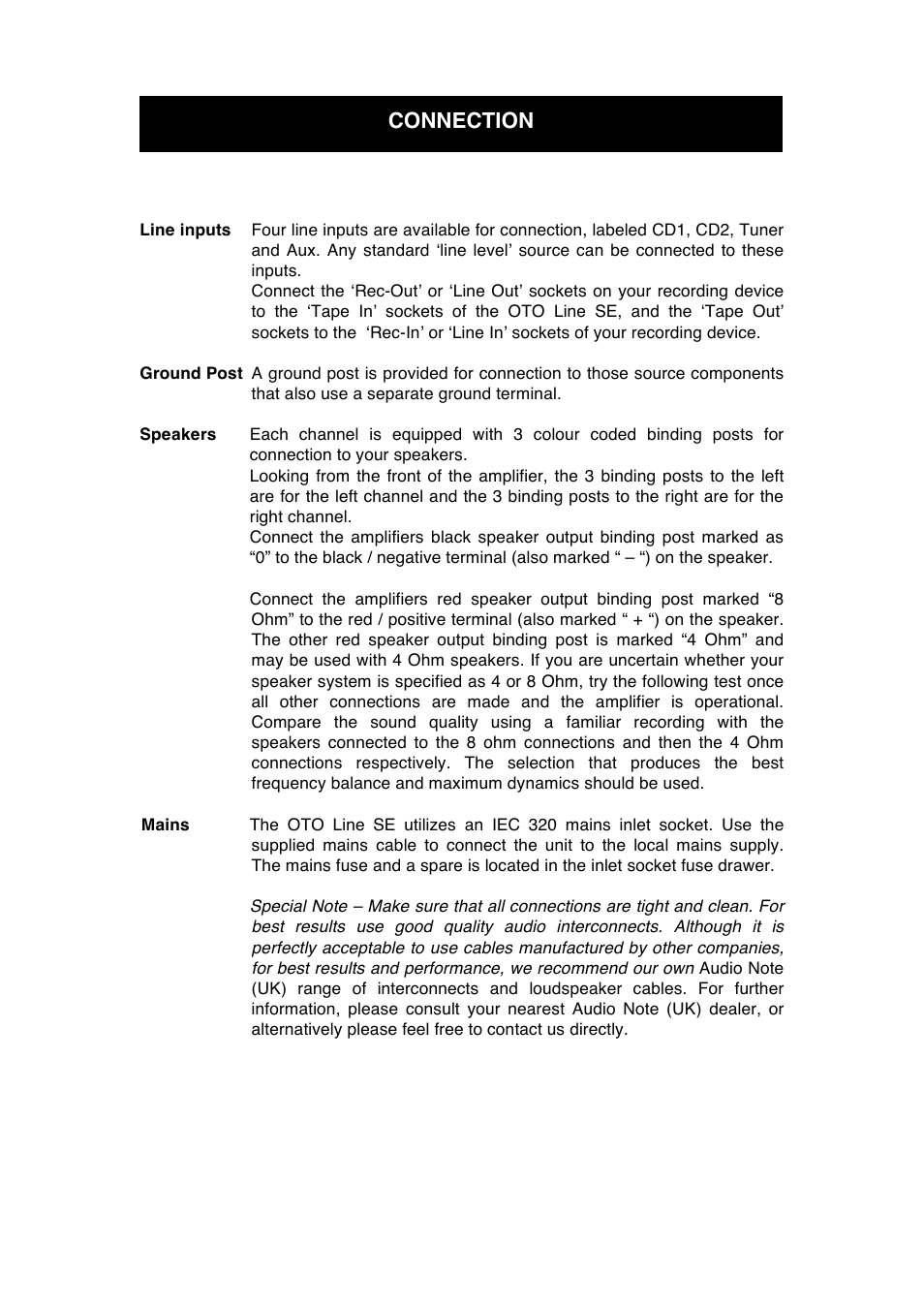 Connection | Audio Note Oto Line SE User Manual | Page 7 / 11