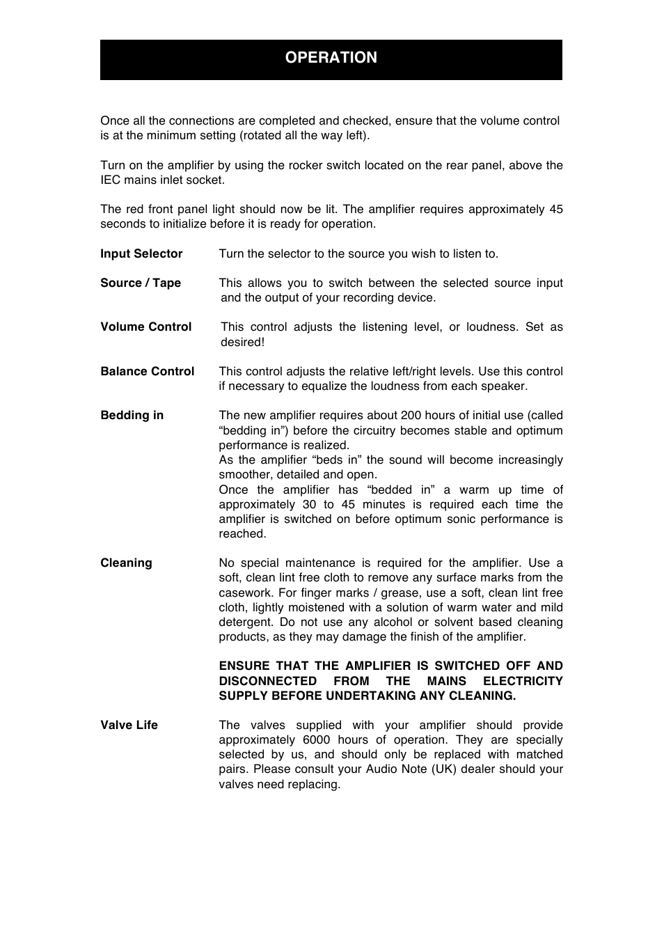 Operation | Audio Note Oto Line SE User Manual | Page 8 / 11