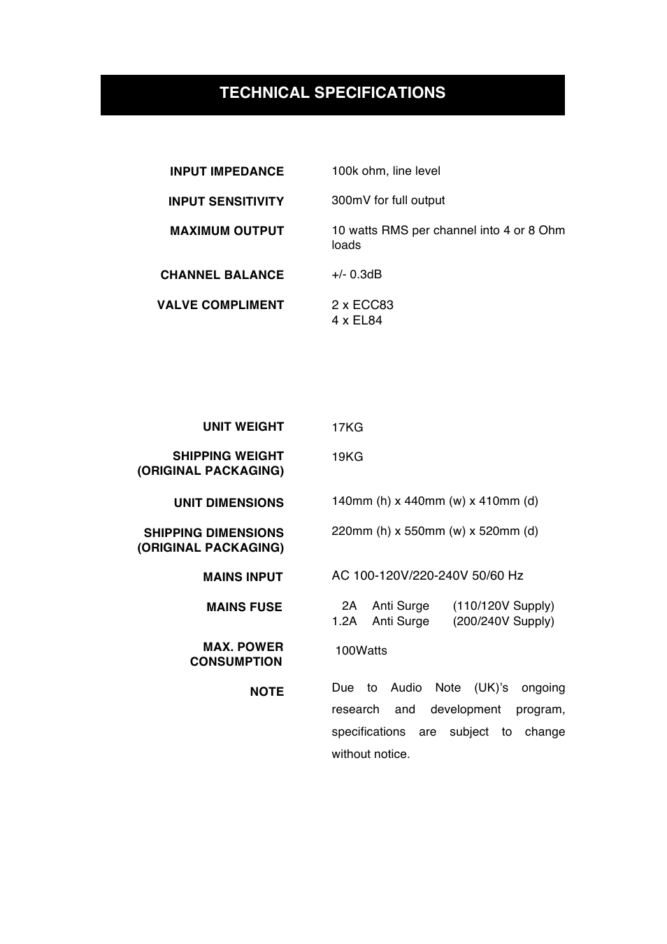 Technical specifications | Audio Note Oto Line SE User Manual | Page 9 / 11