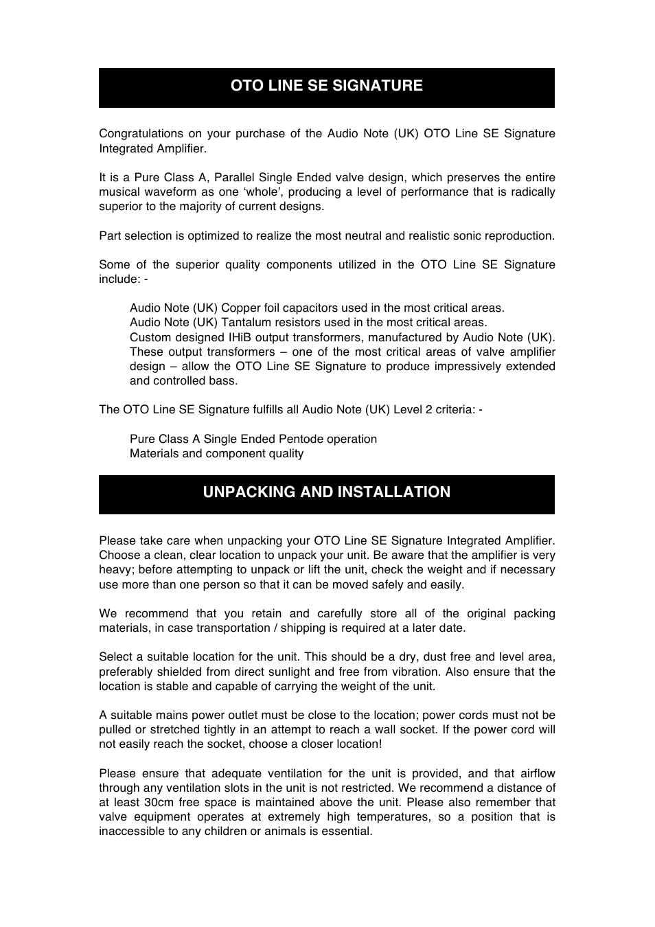 Oto line se signature unpacking and installation | Audio Note Oto Line SE Signature User Manual | Page 6 / 11