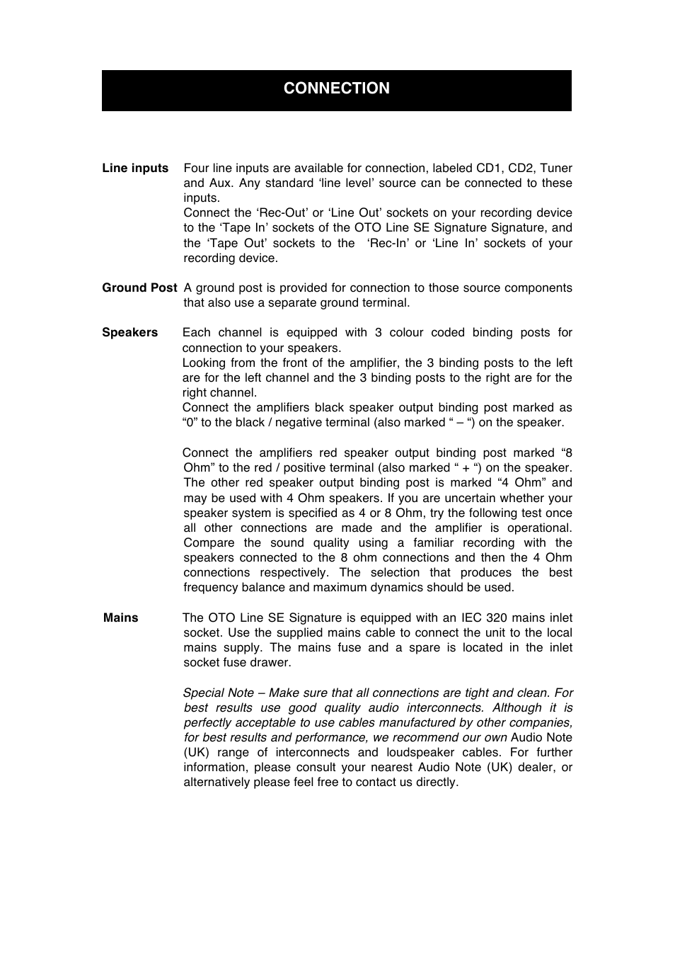 Connection | Audio Note Oto Line SE Signature User Manual | Page 7 / 11