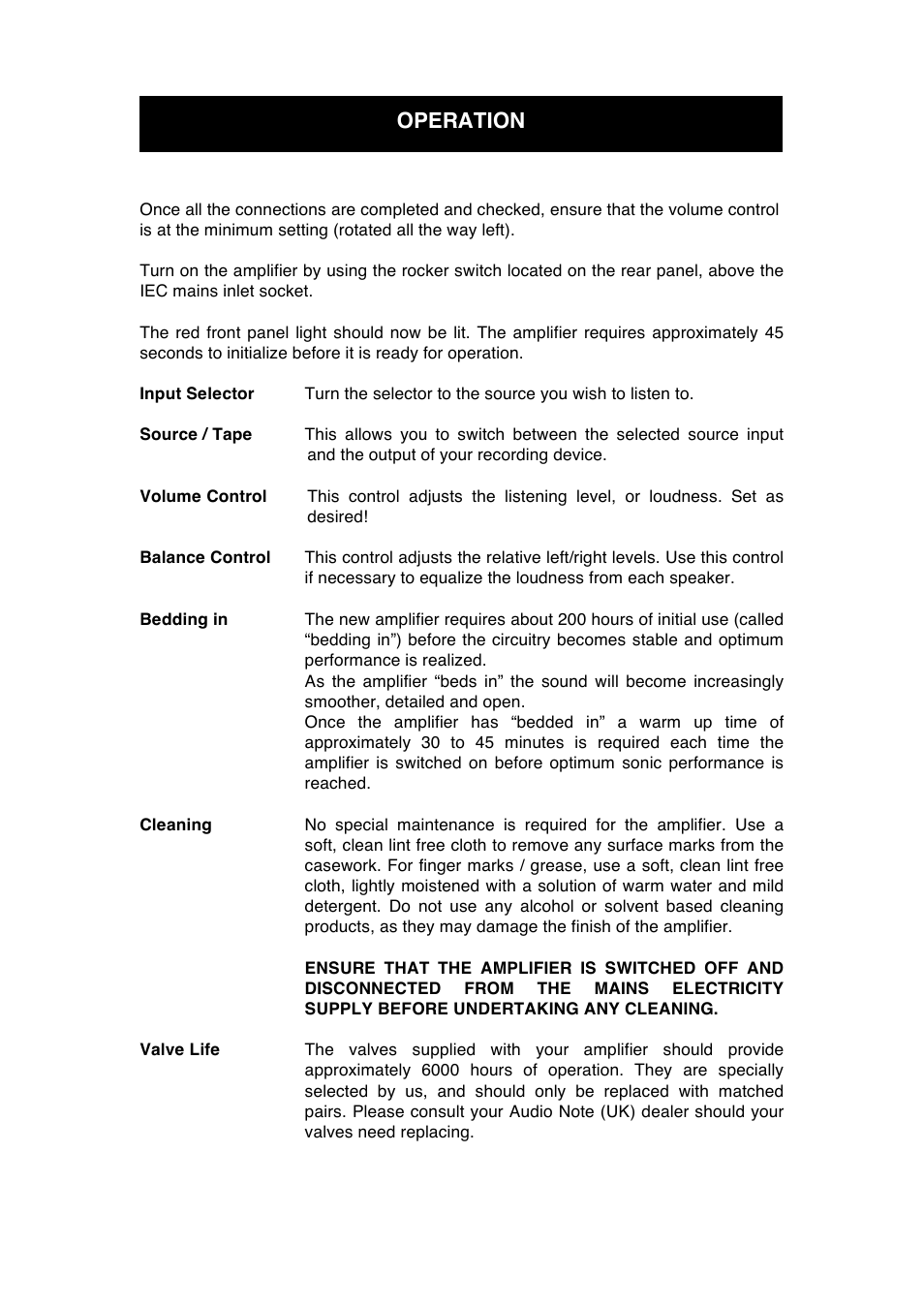 Operation | Audio Note Oto Line SE Signature User Manual | Page 8 / 11