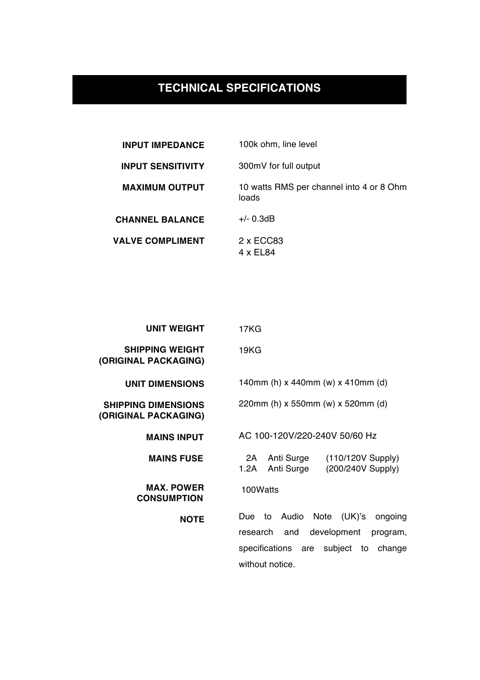 Technical specifications | Audio Note Oto Line SE Signature User Manual | Page 9 / 11