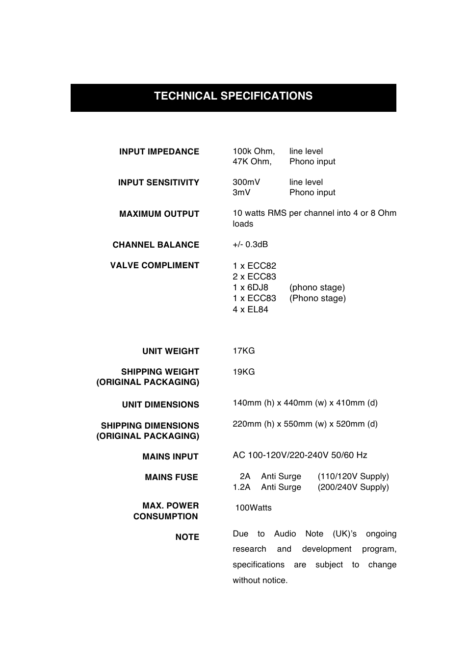 Technical specifications | Audio Note Oto Phono SE User Manual | Page 9 / 11