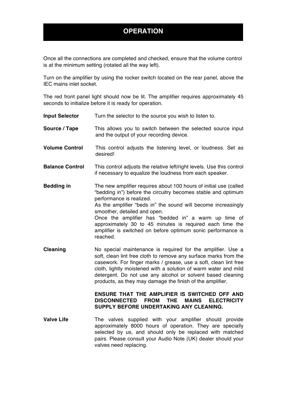 Operation | Audio Note Oto Phono SE Signature User Manual | Page 8 / 11