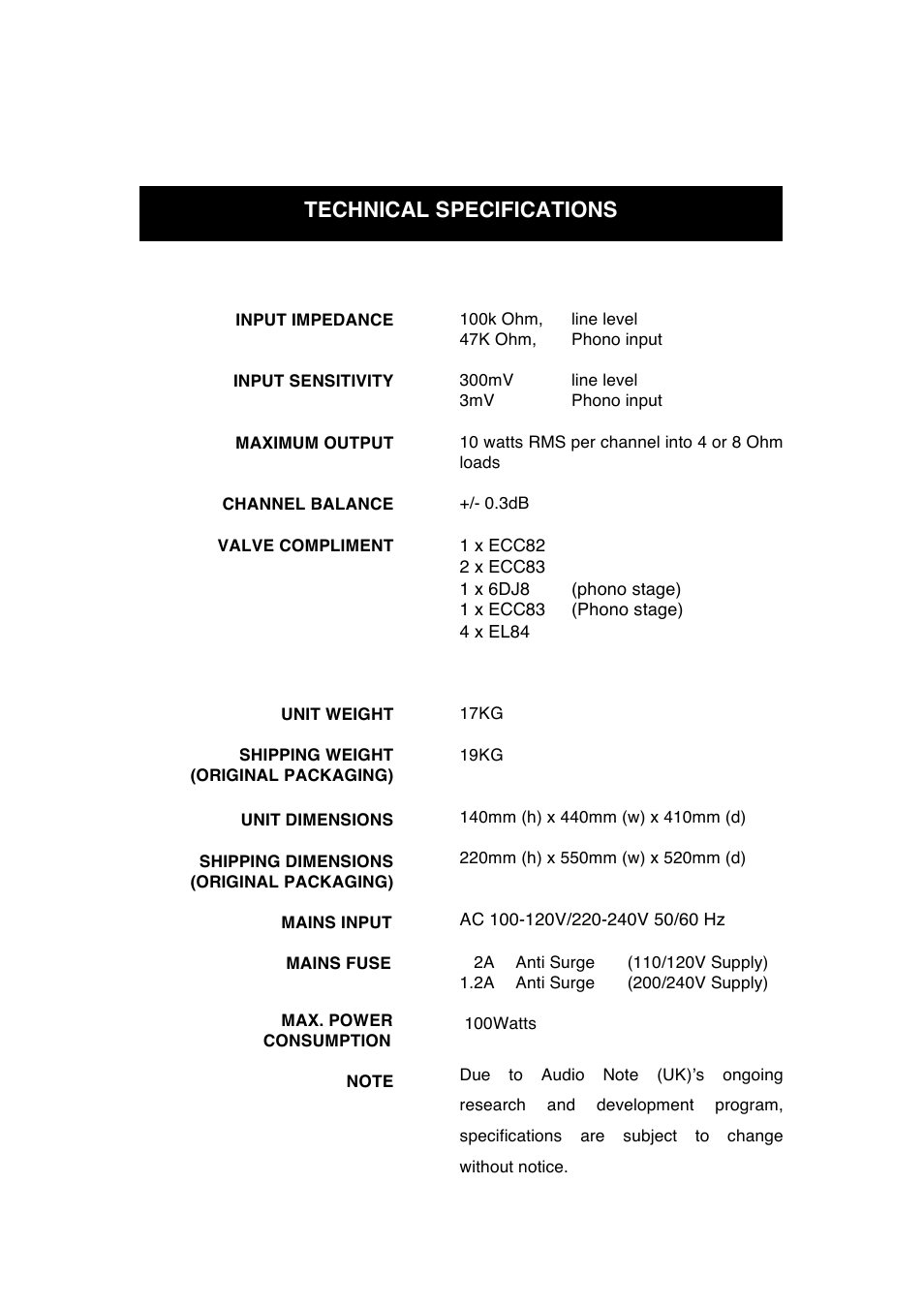 Technical specifications | Audio Note Oto Phono SE Signature User Manual | Page 9 / 11