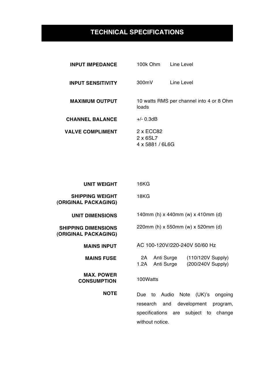 Technical specifications | Audio Note Soro Line User Manual | Page 9 / 11